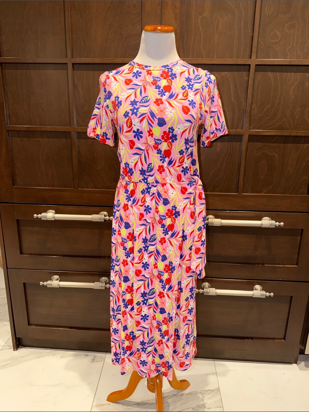 Boden Pink Floral Maxi Dress with Red & Blue Accents